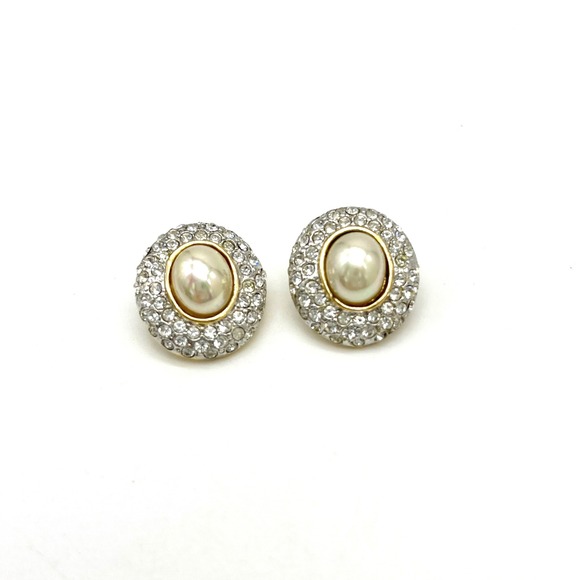 Faux Pearl Rhinestone Earrings‎ Gold Tone Studded Button - Picture 2 of 5